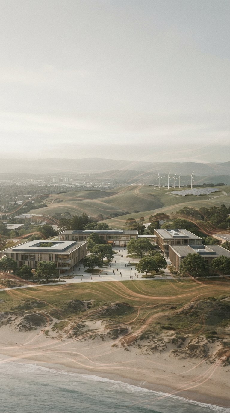 Coastal campus connected to city, fields, and renewable energy by a mathematical learning network